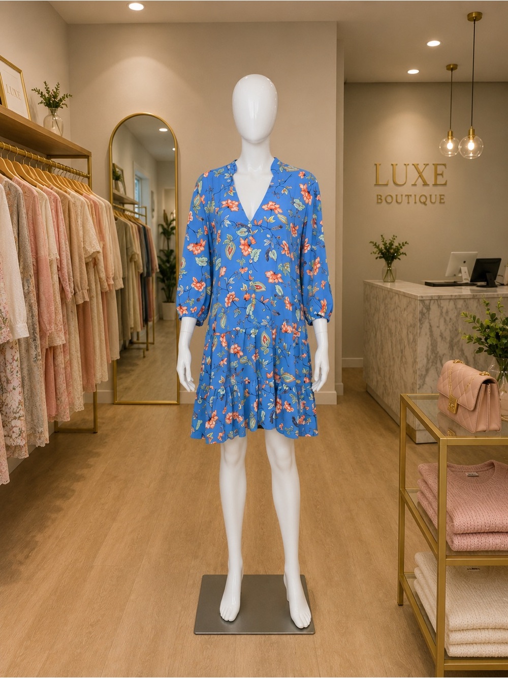 Emma & Michele Bright Blue Tiered Floral Midi Dress